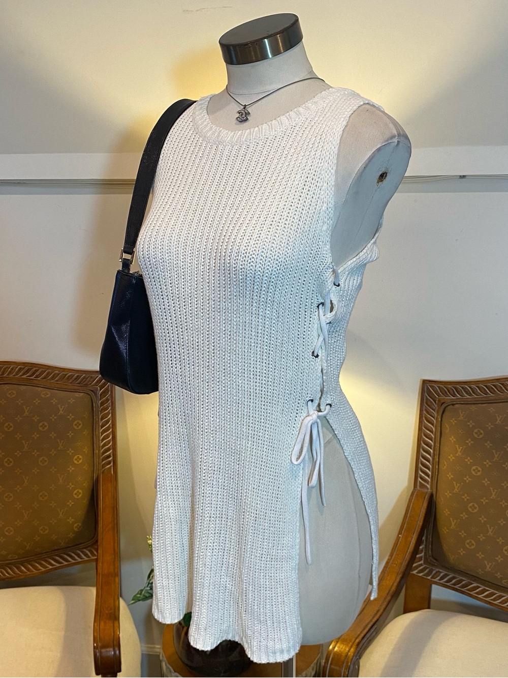 RD Y2K White Sleeveless Side-Tie Knit Tank Top Size M Cotton